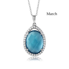 Sterling Silver Rhodium Plated Teardrop Halo March Birthstone Necklace With Aquamarine And Clear CZ