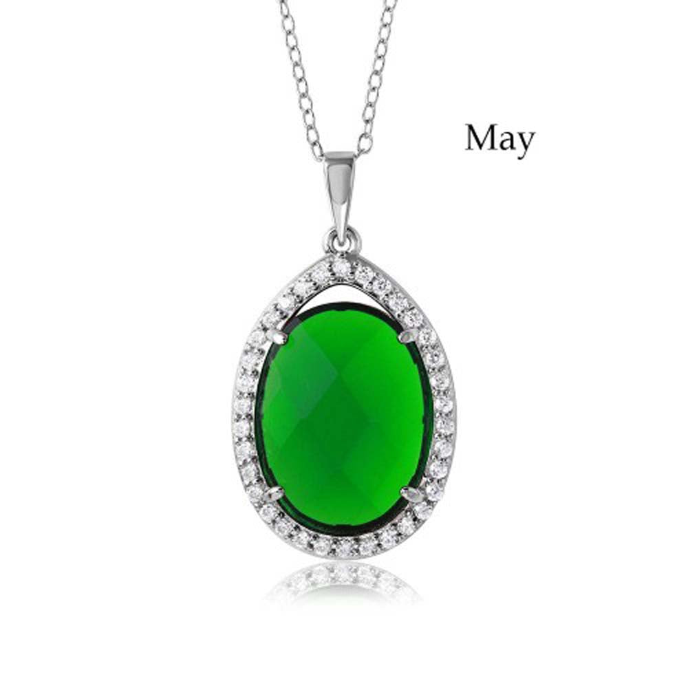 Sterling Silver Rhodium Plated Teardrop Halo May Birthstone Necklace With Emerald And Clear CZ