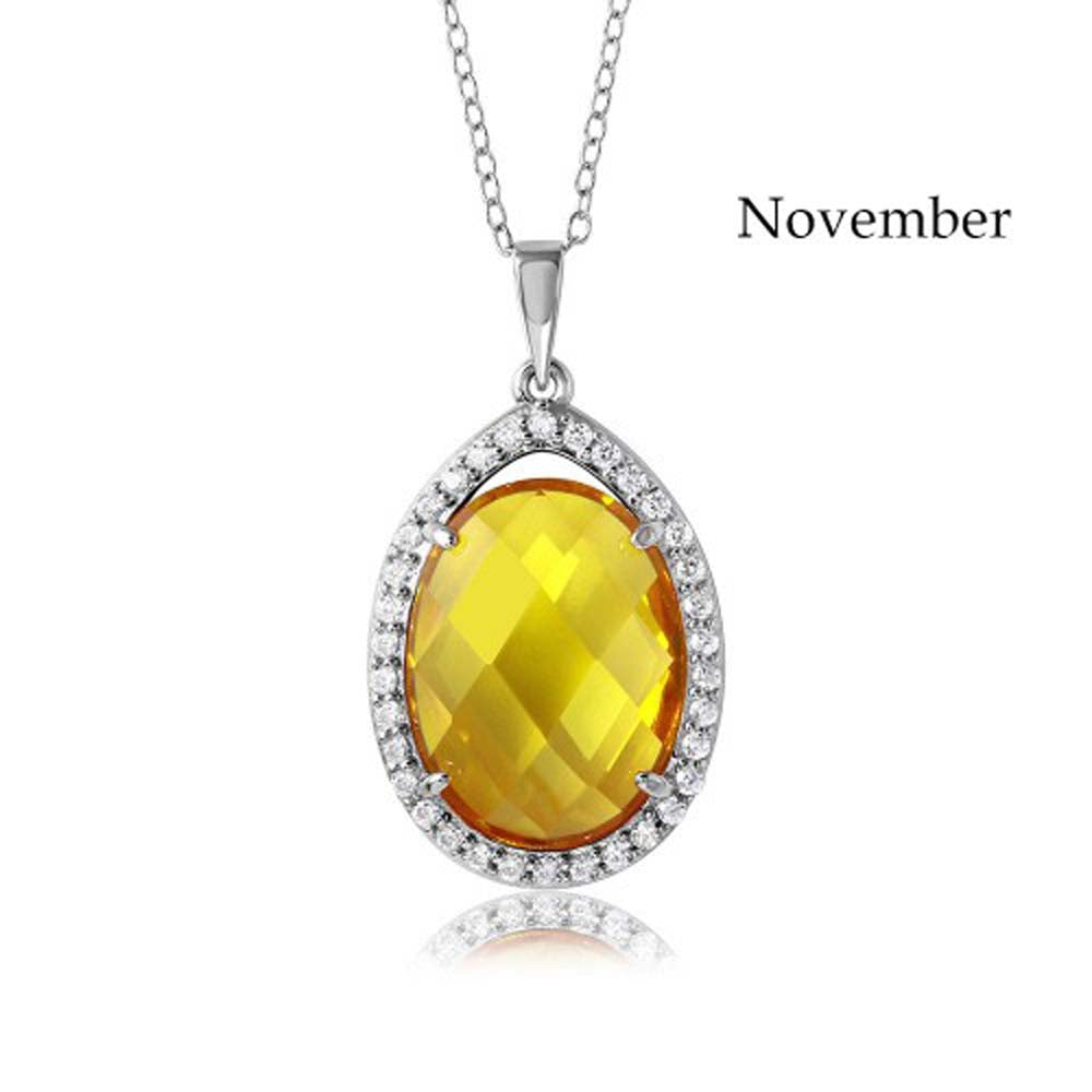 Sterling Silver Rhodium Plated Teardrop Halo November Birthstone Necklace With Citrine And Clear CZ