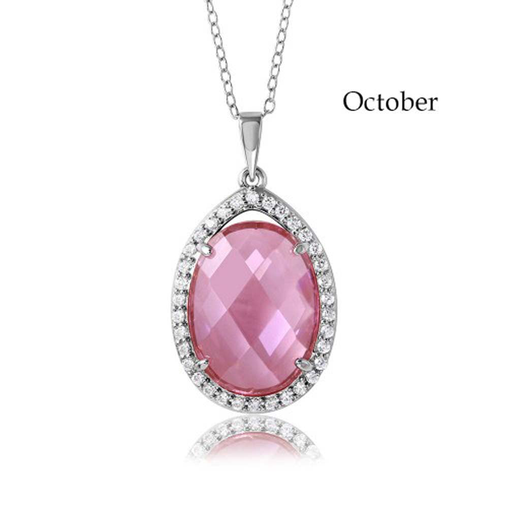Sterling Silver Rhodium Plated Teardrop Halo October Birthstone Necklace With Rose And Clear CZ