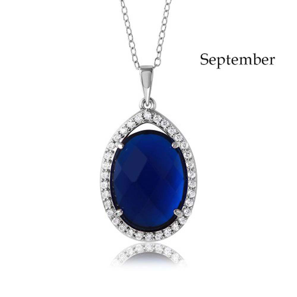 Sterling Silver Rhodium Plated Teardrop Halo September Birthstone Necklace With Sapphire And Clear CZ