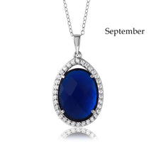 Load image into Gallery viewer, Sterling Silver Rhodium Plated Teardrop Halo September Birthstone Necklace With Sapphire And Clear CZ