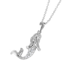 Load image into Gallery viewer, Sterling Silver Rhodium Plated Mermaid Charm Necklace with Clear CZ Stones InlayAnd Spring Ring Clasp and Chain Length of 16  Plus 1  Extension