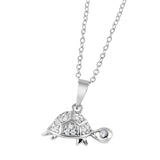 Sterling Silver Rhodium Plated Turtle Charm Neclace with Clear CZ Stones InlayAnd Spring Ring Clasp and Chain Length of 16  Plus 1  Extension