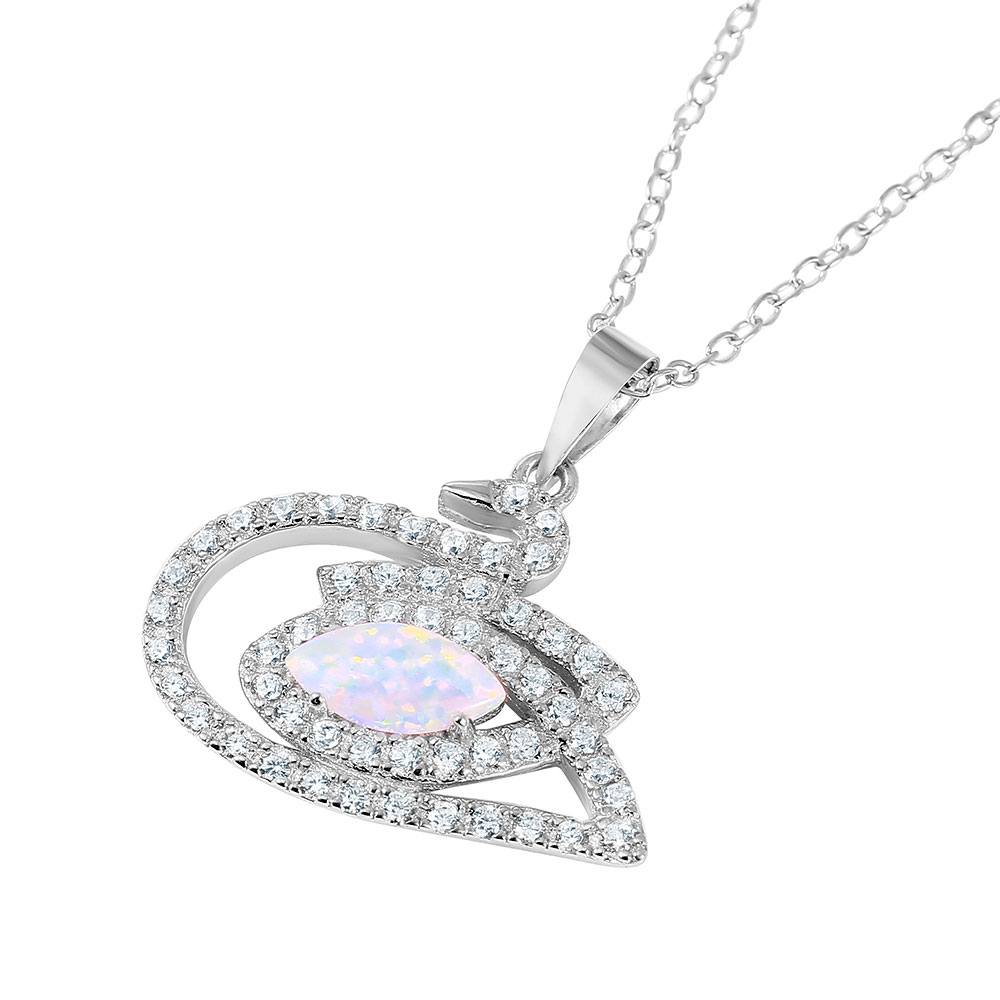 Sterling Silver Rhodium Plated Swan Necklace Paved with Clear CZ Stones and Marquise Synthetic Opal StoneAnd Chain Length of 16-18 Inches