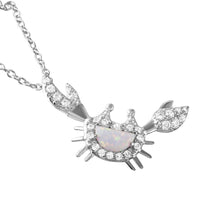 Load image into Gallery viewer, Sterling Silver Rhodium Plated Crab Necklace Paved with Clear CZ Stones and Crescent Shaped Synthetic Opal StoneAnd Chain Length of 16  Plus 1  Extension