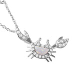 Sterling Silver Rhodium Plated Crab Necklace Paved with Clear CZ Stones and Crescent Shaped Synthetic Opal StoneAnd Chain Length of 16  Plus 1  Extension