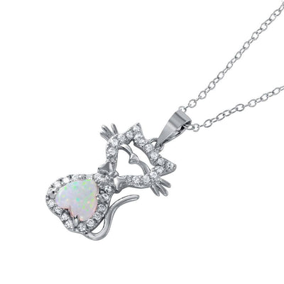 Sterling Silver Rhodium Plated Necklace with Trendy Micro Pave Kitty with Heart Synthetic Opal Stone PendantAnd Spring Clasp ClosureAnd Length of 16  with 2  extension