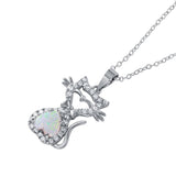 Sterling Silver Rhodium Plated Necklace with Trendy Micro Pave Kitty with Heart Synthetic Opal Stone PendantAnd Spring Clasp ClosureAnd Length of 16  with 2  extension