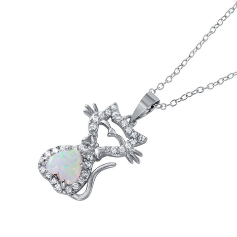 Sterling Silver Rhodium Plated Necklace with Trendy Micro Pave Kitty with Heart Synthetic Opal Stone PendantAnd Spring Clasp ClosureAnd Length of 16  with 2  extension