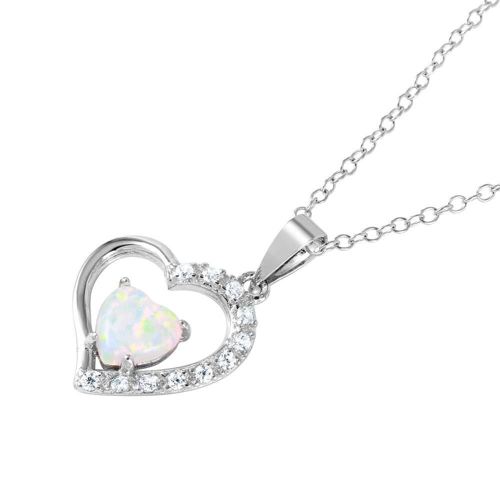 Sterling Silver Rhodium Plated Open Heart Necklace Paved with Clear CZ Stones and Heart Shaped Synthetic Opal StoneAnd Chain Length of 16  Plus 2  Extension