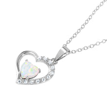 Load image into Gallery viewer, Sterling Silver Rhodium Plated Open Heart Necklace Paved with Clear CZ Stones and Heart Shaped Synthetic Opal StoneAnd Chain Length of 16  Plus 2  Extension