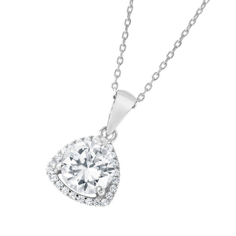 Sterling Silver Rhodium Plated Open Triangle Necklace Paved with Clear CZ Stones and 8MM Round Cut Clear CZ Stone in the CenterAnd Chain Length of 16  Plus 2  Extension