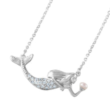 Load image into Gallery viewer, Sterling Silver Rhodium Plated Fancy Mermaid Necklace Paved with Clear CZ Stones and Pink PearlAnd Spring Ring Clasp and Chain Length of 16  Plus 2  Extension