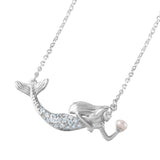 Sterling Silver Rhodium Plated Fancy Mermaid Necklace Paved with Clear CZ Stones and Pink PearlAnd Spring Ring Clasp and Chain Length of 16  Plus 2  Extension