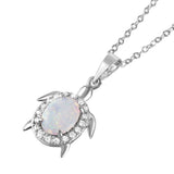 Sterling Silver Rhodium Plated Tiny Turtle Necklace Paved with Clear CZ Stones and Oval Synthetic Opal StoneAnd Chain Length of 16  Plus 2  Extension
