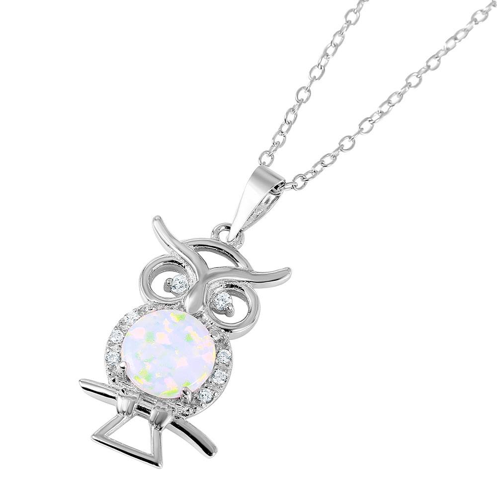 Sterling Silver Nickel Free Rhodium Plated Owl with Opal Center Stone Necklace