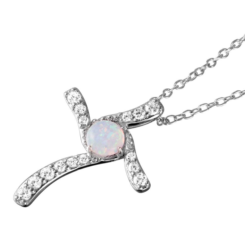 Sterling Silver Rhodium Plated Twist Cross Necklace Paved with Clear CZ Stones and Round Synthetic Opal StoneAnd Chain Length of 16  Plus 2  Extension