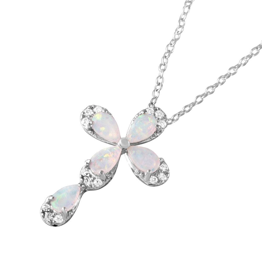 Sterling Silver Rhodium Plated Fancy Cross Necklace Paved with Clear CZ Stones and Pear Synthetic Opal StoneAnd Spring Ring Clasp and  Chain Length of 16  Plus 2  Extension
