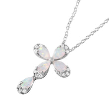 Load image into Gallery viewer, Sterling Silver Rhodium Plated Fancy Cross Necklace Paved with Clear CZ Stones and Pear Synthetic Opal StoneAnd Spring Ring Clasp and  Chain Length of 16  Plus 2  Extension