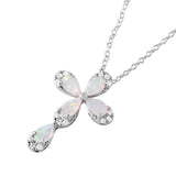 Sterling Silver Rhodium Plated Fancy Cross Necklace Paved with Clear CZ Stones and Pear Synthetic Opal StoneAnd Spring Ring Clasp and  Chain Length of 16  Plus 2  Extension