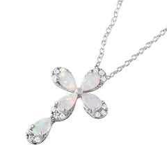Sterling Silver Rhodium Plated Fancy Cross Necklace Paved with Clear CZ Stones and Pear Synthetic Opal StoneAnd Spring Ring Clasp and  Chain Length of 16  Plus 2  Extension