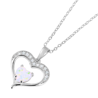 Sterling Silver Rhodium Plated Open Heart Necklace Paved with Clear CZ Stones and Heart Shaped Synthetic Opal StoneAnd Chain Length of 16-18 inches