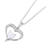 Sterling Silver Rhodium Plated Open Heart Necklace Paved with Clear CZ Stones and Heart Shaped Synthetic Opal StoneAnd Chain Length of 16-18 inches