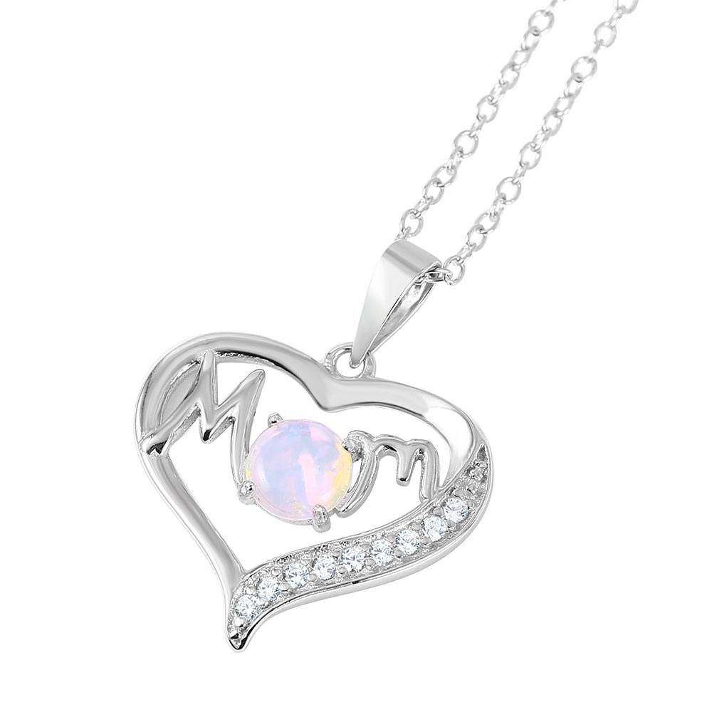 Sterling Silver Rhodium Plated Open Heart  Necklace with Mom WritingAnd Paved CZ Stones and Round Synthetic Opal StoneAnd Chain Length of 16-20 Inches