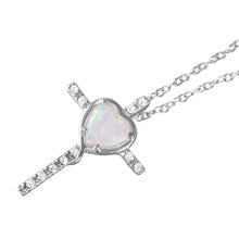Load image into Gallery viewer, Sterling Silver Rhodium Plated Heart Cross Necklace Paved with Clear CZ Stones and Heart Shaped Synthetic Opal Stone and Chain Length of 16  Plus 2  Extension