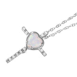 Sterling Silver Rhodium Plated Heart Cross Necklace Paved with Clear CZ Stones and Heart Shaped Synthetic Opal Stone and Chain Length of 16  Plus 2  Extension