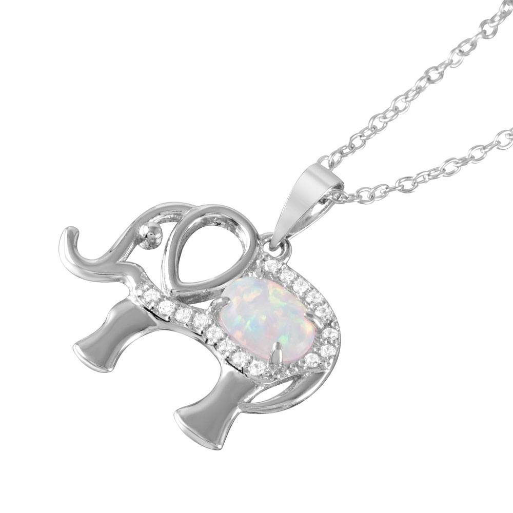 Sterling Silver Rhodium Plated Stylish Elephant Necklace Paved with Clear CZ Stones and Oval Synthetic Opal Stone and Chain Length of 16  Plus 2  Extension