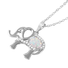 Load image into Gallery viewer, Sterling Silver Rhodium Plated Stylish Elephant Necklace Paved with Clear CZ Stones and Oval Synthetic Opal Stone and Chain Length of 16  Plus 2  Extension