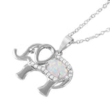 Sterling Silver Rhodium Plated Stylish Elephant Necklace Paved with Clear CZ Stones and Oval Synthetic Opal Stone and Chain Length of 16  Plus 2  Extension