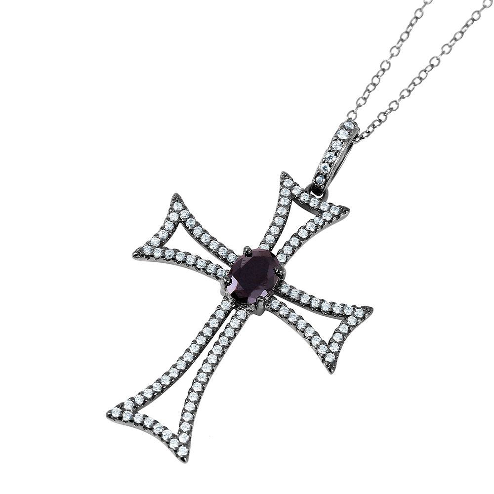 Sterling Silver Black Rhodium Plated Celtic Cross Necklace with Clear CZ and Black Oval Stones InlayAnd Chain Length of 16-18 Inches