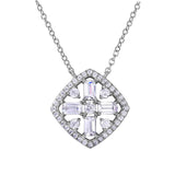 Rhodium Plated Sterling Silver Diamond Shaped Necklace with Round and Baguette CZ in the CenterAnd Chain Length of 16-18 inches and Spring Ring Clasp