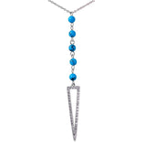 Sterlish Silver Rhodium Plated Fashionable Open Triangle Drop Necklace with Turquoise Beads in CZ InlaysAnd Lobster Claw Clasp