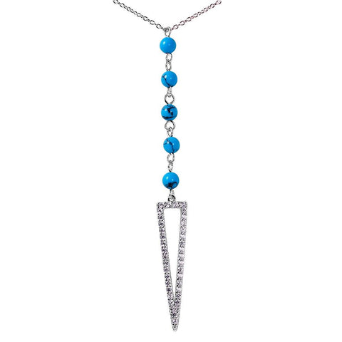 Sterlish Silver Rhodium Plated Fashionable Open Triangle Drop Necklace with Turquoise Beads in CZ InlaysAnd Lobster Claw Clasp