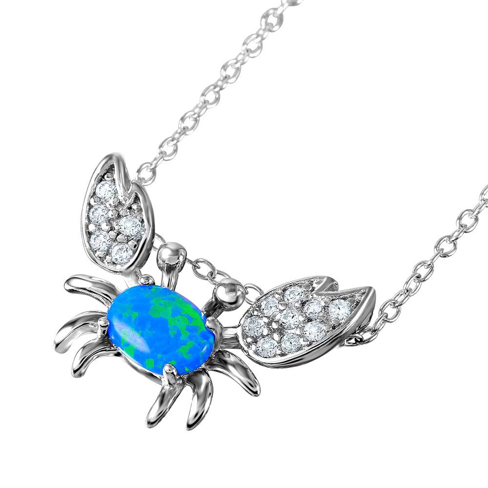 Rhodium Plated Sterling Silver Stylish Crab Necklace with Clear CZ Stones and Synthetic Blue Opal InlayAnd Spring Ring Clasp