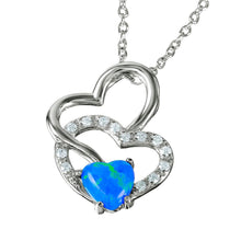 Load image into Gallery viewer, Rhodium Plated Sterling Silver Stylish Double Heart Necklace with Clear CZ Stones and Synthetic Blue Opal Heart Shaped InlayAnd Spring Ring Clasp