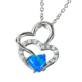Rhodium Plated Sterling Silver Stylish Double Heart Necklace with Clear CZ Stones and Synthetic Blue Opal Heart Shaped InlayAnd Spring Ring Clasp