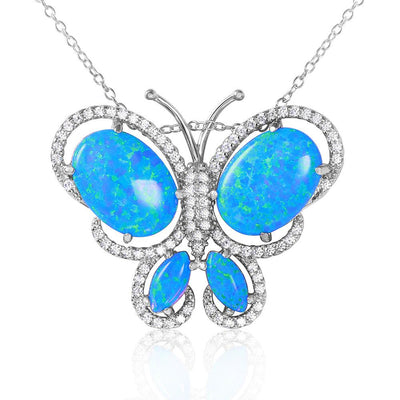 Rhodium Plated Sterling Silver Stylish Butterfly Necklace with Clear CZ Stones and Synthetic Blue Opal Oval InlayAnd Spring Ring Clasp