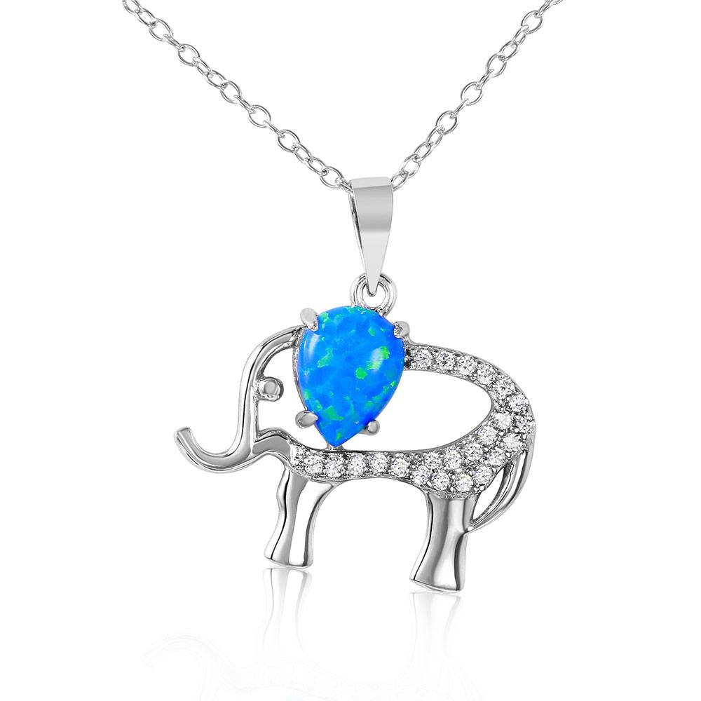 Rhodium Plated Sterling Silver Stylish Elephant Necklace with Clear CZ Stones and Synthetic Blue Opal Pear InlayAnd Spring Ring Clasp
