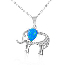Load image into Gallery viewer, Rhodium Plated Sterling Silver Stylish Elephant Necklace with Clear CZ Stones and Synthetic Blue Opal Pear InlayAnd Spring Ring Clasp