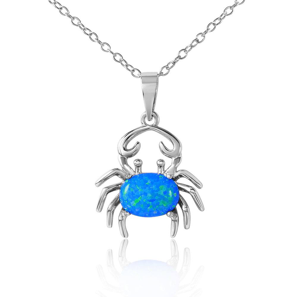 Rhodium Plated Sterling Silver Stylish Crab Touching Claws Necklace with Clear CZ Stones and Synthetic Blue Opal Oval InlayAnd Spring Ring Clasp