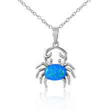 Load image into Gallery viewer, Rhodium Plated Sterling Silver Stylish Crab Touching Claws Necklace with Clear CZ Stones and Synthetic Blue Opal Oval InlayAnd Spring Ring Clasp