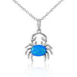 Rhodium Plated Sterling Silver Stylish Crab Touching Claws Necklace with Clear CZ Stones and Synthetic Blue Opal Oval InlayAnd Spring Ring Clasp