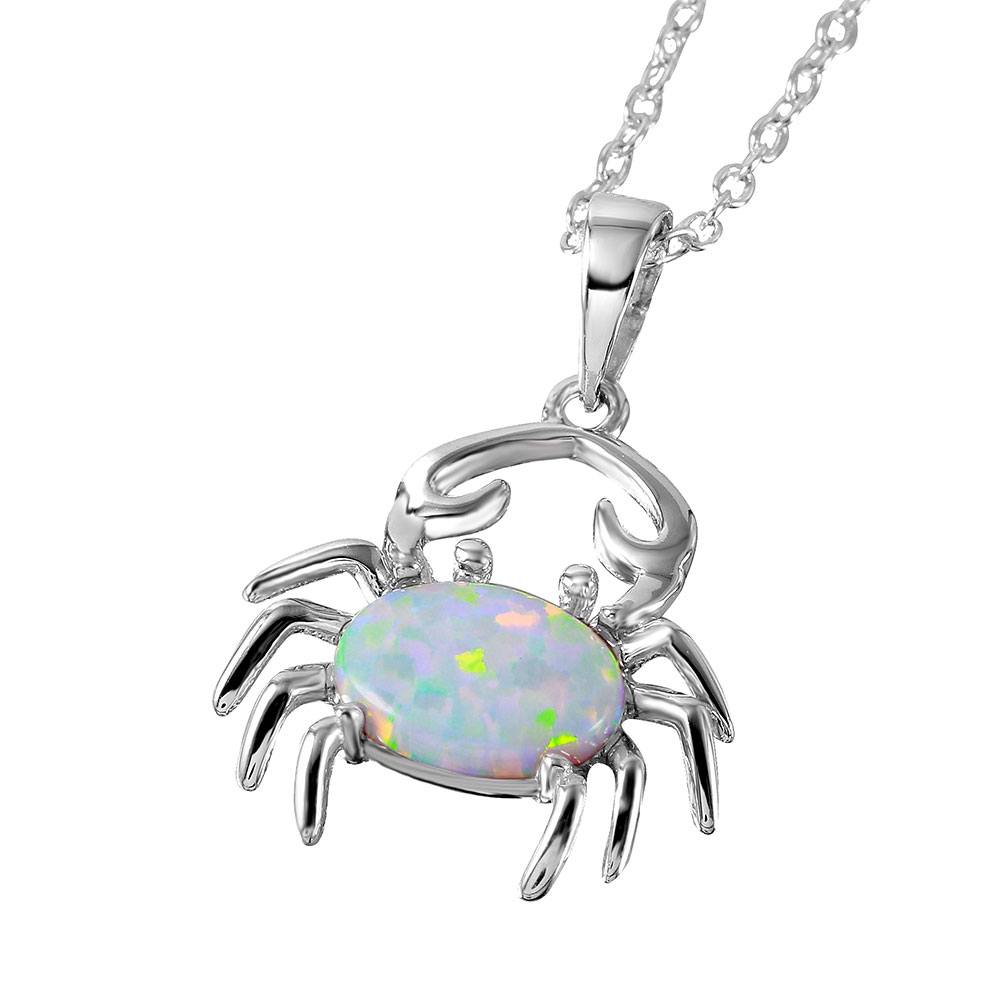 Rhodium Plated Sterling Silver Stylish Crab Touching Claws Necklace with Clear CZ Stones and Synthetic White Opal Oval InlayAnd Spring Ring Clasp