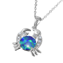 Load image into Gallery viewer, Sterling Silver Rhodium Plated Crab with CZ and Blue Synthetic Opal Center Stone Necklace