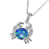 Sterling Silver Rhodium Plated Crab with CZ and Blue Synthetic Opal Center Stone Necklace